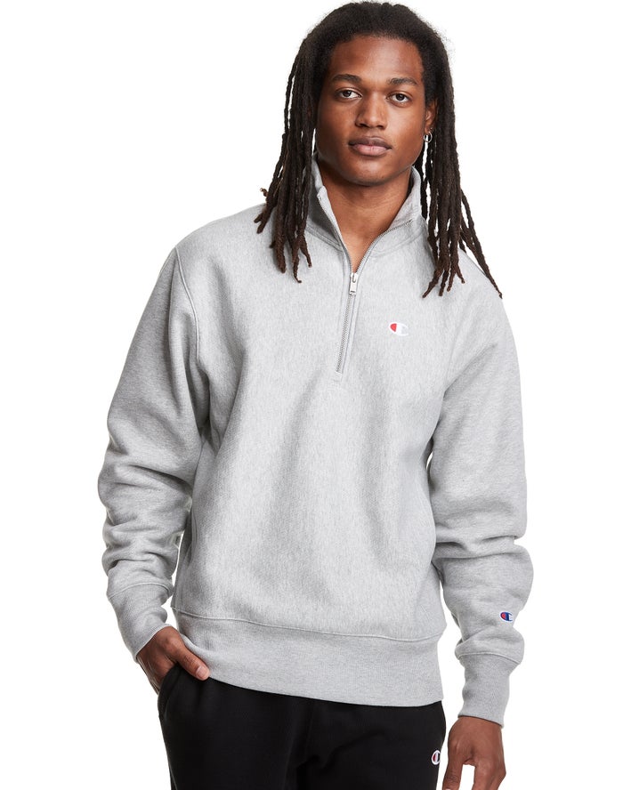 Champion Reverse Weave 1/4 Zip Embroidered C Logo Erkek Sweatshirt Gri ( OBAEUT674 )